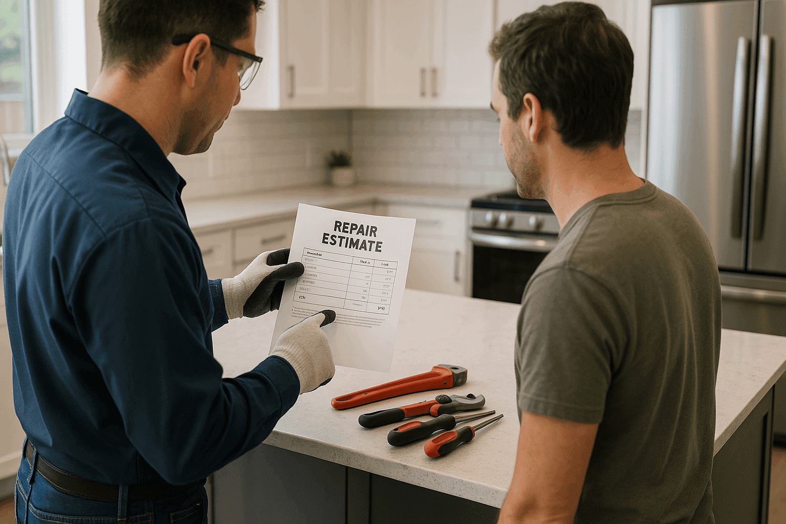Plumber showing repair estimate to homeowner in kitchen