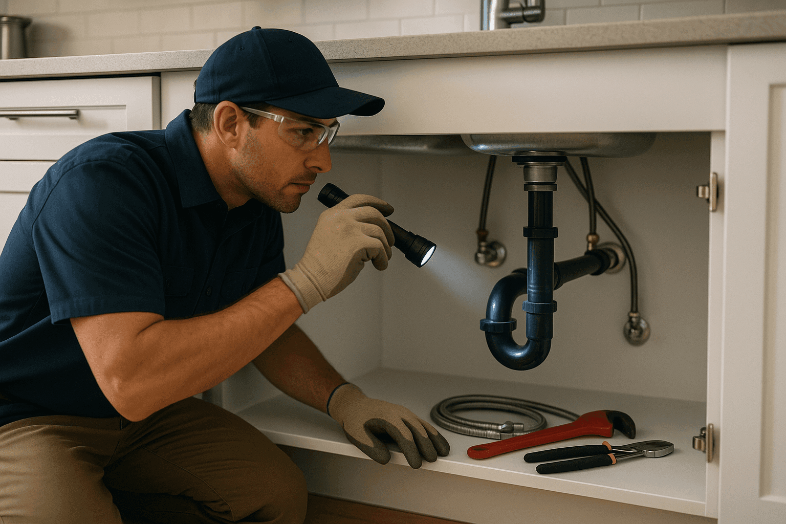 Plumber inspecting under kitchen sink for hidden plumbing leaks