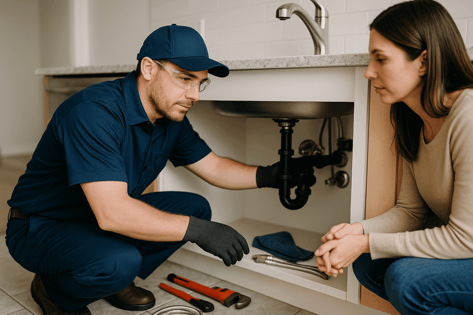 Plumber inspecting kitchen sink pipes during a preventative maintenance check