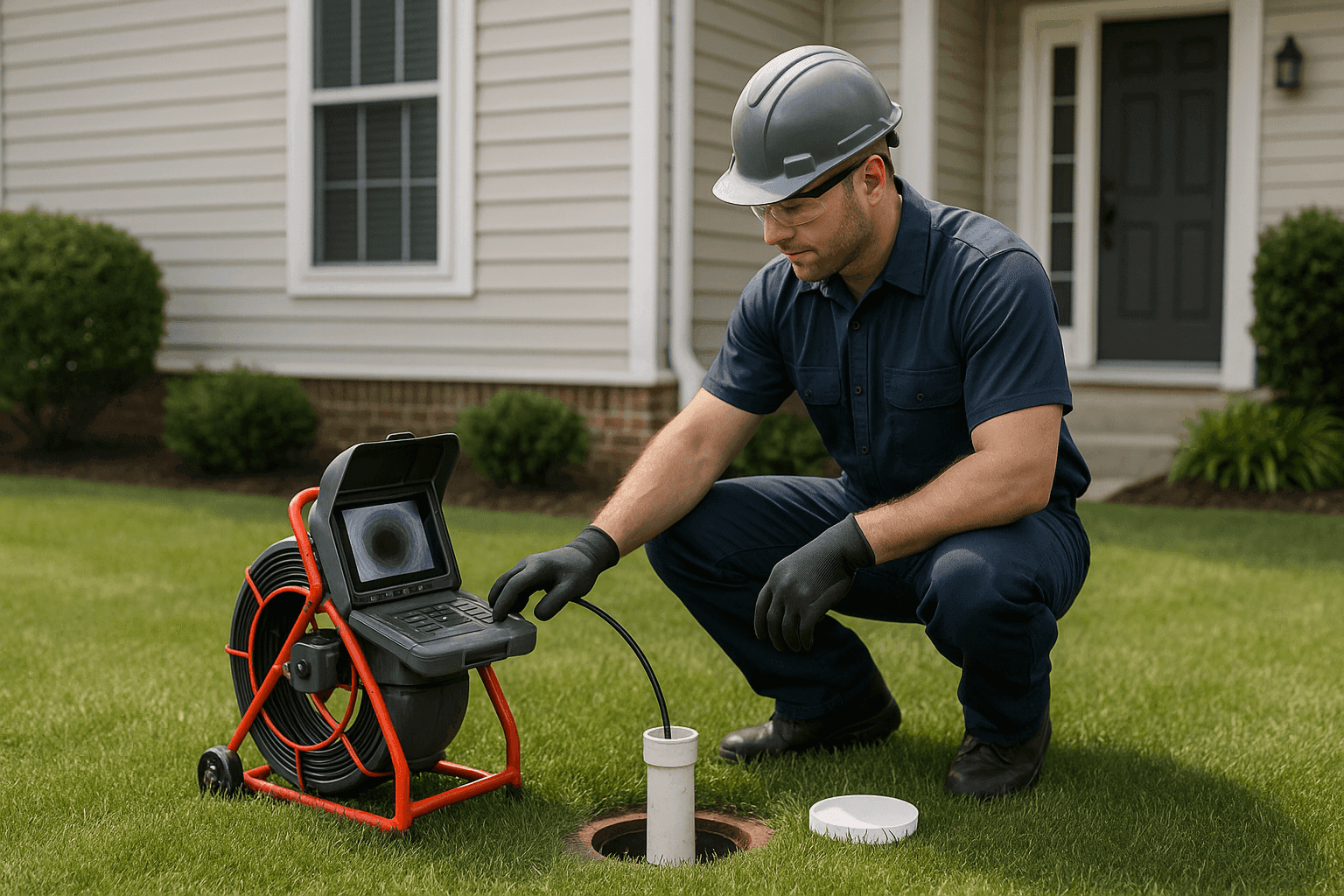 Plumber using sewer camera to inspect underground pipe outdoors