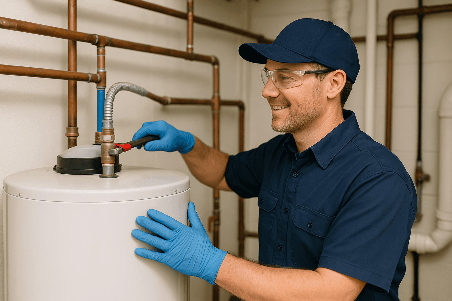 Professional plumber performing preventative maintenance on home plumbing system